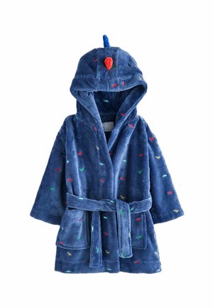 Peignoir enfant bleu à capuche avec motifs colorés de dinosaures, un bec en feutre rouge sur la capuche et une ceinture à nouer à la taille.