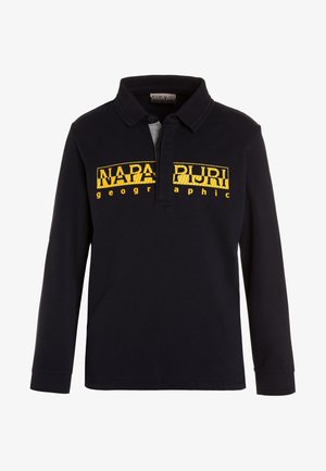 Sort langærmet polo-shirt med krave, med en gul horisontal "Napapijri geographic" logo på tværs af brystet.