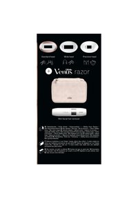 Venus razor with three interchangeable heads (standard, wide, precision) and a white mini facial hair remover in a light pink pouch.