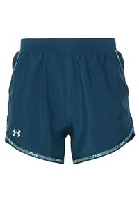 Granatowe szorty do biegania wykonane z lekkiego materiału. Posiadają elastyczny pas i logo "Under Armour" nadrukowane na dolnym brzegu.