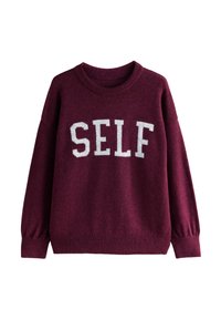 Burgundy sweater with round neckline, long balloon sleeves, and “SELF” knitted in white letters across the chest. Soft texture, relaxed fit.