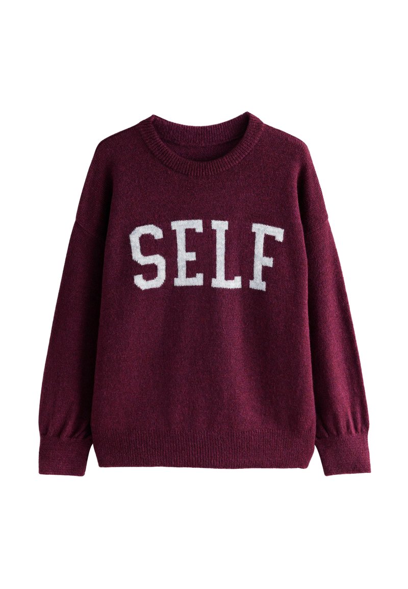 Burgundy sweater with round neckline, long balloon sleeves, and “SELF” knitted in white letters across the chest. Soft texture, relaxed fit.