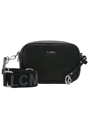 Black rectangular leather crossbody bag with silver logo, detachable strap with large "LCM" lettering, and round silver brand charm.
