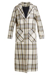 Long manteau en laine avec motif à carreaux noir, blanc et jaune, col cranté, deux grandes poches avant et doublure intérieure noire.