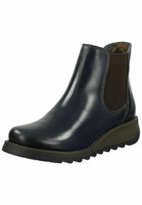 Botas de tobillo de cuero azul oscuro con paneles elásticos en los laterales, punta redondeada y costuras en contraste. Presentan una suela de goma texturada para mayor agarre.