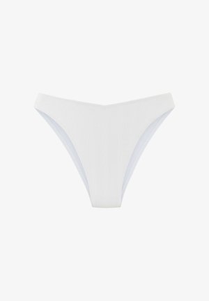 White ribbed bikini bottom with a low-rise design and narrow sides. Features a smooth inner lining and a seamless finish.
