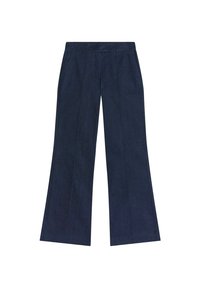 Ciemnoniebieskie spodnie o szerokich nogawkach wykonane z tkaniny przypominającej dżins. Posiadają wysoki stan, gładki przód oraz dwa pionowe szwy zdobiące przód.