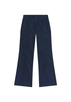 Mörkblå vida byxor i ett denimliknande tyg. Har hög midja, platt front och två vertikala sömdetaljer längs fram.