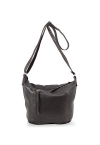 Borsa a spalla in pelle grigia scura con una sola tracolla, chiusura con zip e una tasca frontale con zip. Texture liscia con dettagli minimi.