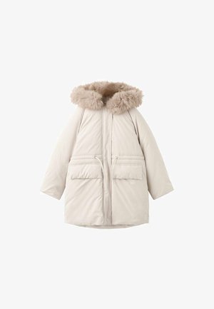 Giacca puffer beige chiaro con cappuccio bordato in pelliccia, due tasche a toppa frontali e taglio di lunghezza media. Tessuto liscio e isolante.