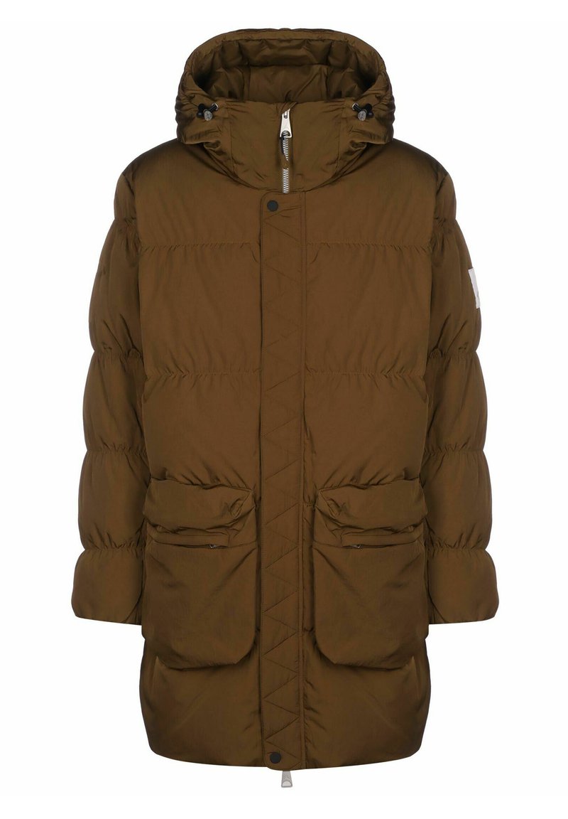 Braune Puffjacke mit Kapuze, mit einem Reißverschluss, zwei vorderen Taschen und einem gesteppte Design am Körper und an den Ärmeln.