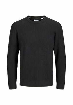 Czarny, długi sweter dzianinowy z okrągłym dekoltem oraz ściągaczami na mankietach i dole, z metką Jack & Jones wewnątrz kołnierza.