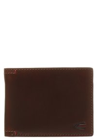Brown leather wallet featuring a smooth texture, minimalistic design, red accent stitching, and a small logo on the lower right corner.