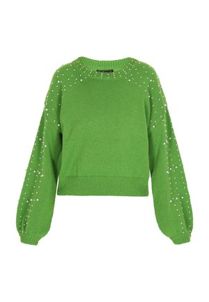 Green knitted sweater with long, puffed sleeves and round neckline. Decorated with white pearl-like embellishments on the shoulders. Cropped fit.
