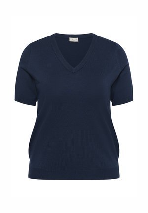 Haut en maille bleu marine à manches courtes avec col en V et ourlet ajusté, présenté sur fond blanc.