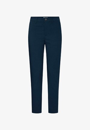 Tumesinised kitsad püksid vööaasade, eest nööbitava sulgumise ja küljetaskutega, pahkluu tasemel lühendatud.