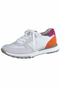 Sneakers bianchi con pelle testurizzata e accenti in rosa, arancione e glitter. Presentano lacci rotondi e una suola in gomma per una maggiore aderenza.