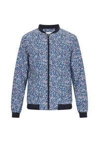 Blauwe bomberjack met een bloemenpatroon in roze, wit en groen. Beschikt over een rits aan de voorkant en ribgebreide manchetten en zoom. Soepele stoftextuur.