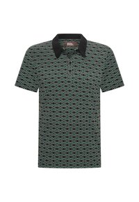 Polo de manga corta con cuello negro y patrón geométrico en verde, negro y beige, con tapeta abotonada y corte regular.