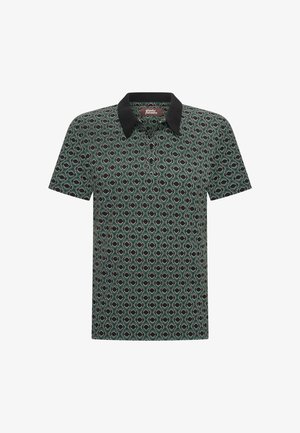 Kurzärmliges Poloshirt mit schwarzem Kragen und grünem, schwarzem und beigem geometrischem Muster, geknöpfter Leiste und normaler Passform.