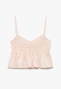 Stribet pink cropped top med smocket bodice, V-halsudskæring og tynde justerbare stropper. Udsvinget kant tilføjer volumen til designet.