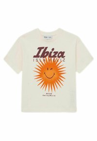 Krémové bavlněné tričko s velkým oranžovým slunečným grafikou s usměvavou tváří a červeným textem: "Ibiza ISLA FELIZ," od Reiss SmileyWorld.