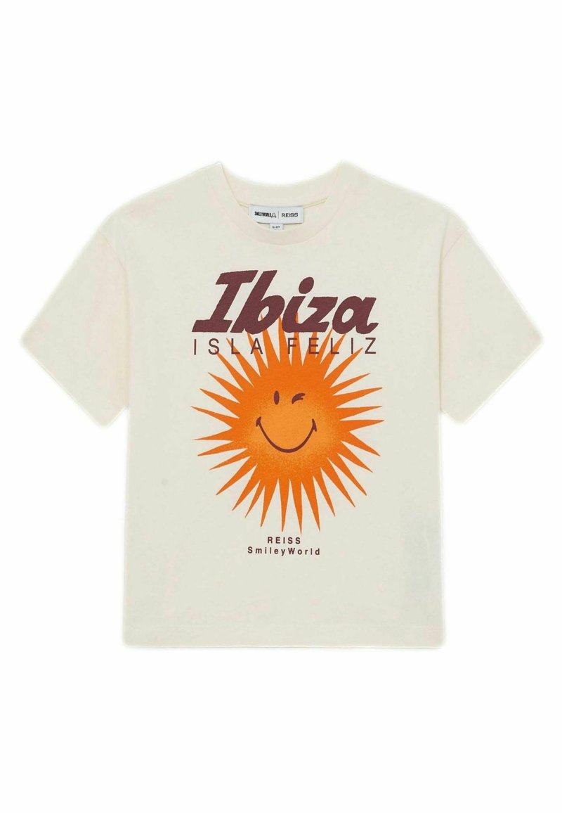Krémové bavlněné tričko s velkým oranžovým slunečným grafikou s usměvavou tváří a červeným textem: "Ibiza ISLA FELIZ," od Reiss SmileyWorld.
