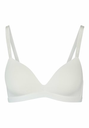 Soutien-gorge blanc rembourré avec des bonnets triangulaires, bretelles réglables et un design sans couture. Texture douce avec une finition lisse ; pas de matériel visible.