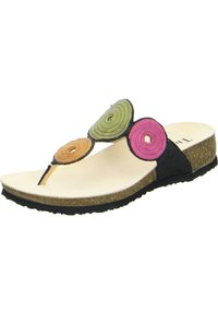 Multicolored thong sandal featuring three circular appliqués in green, orange, and pink, on a black base with a cork sole and textured footbed.