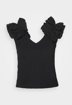 Zwarte top met V-hals en gerimpelde korte mouwtjes. De stof is zacht en heeft een gladde textuur. Eenvoudig ontwerp, aansluitend model en korte lengte.