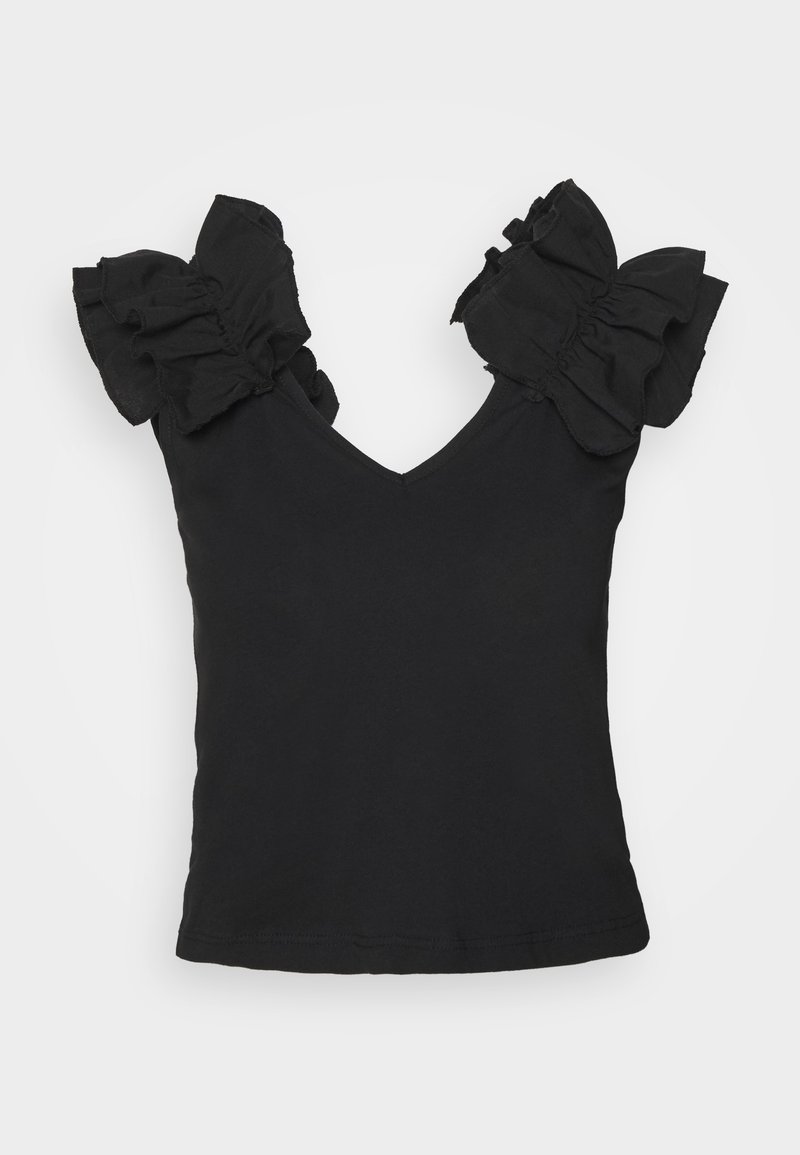 Haut noir à col en V avec manches courtes à volants. Tissu doux au toucher lisse. Design simple, silhouette ajustée et longueur courte.