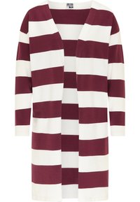 Maroon and white striped cardigan with a relaxed fit, open front, long sleeves, and a soft texture. Suitable for layering.