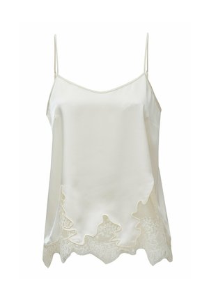 Camisole blanche en satin avec fines bretelles et bordure en dentelle festonnée le long de l'ourlet.