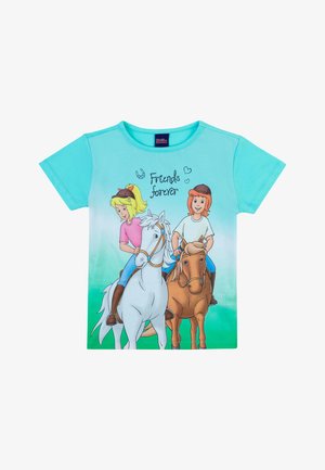 Türkises T-Shirt mit kurzen Ärmeln, das einen grafischen Druck von zwei Reitern auf Pferden mit dem Text "Freunde für immer" zeigt. Aus weichem Baumwollmaterial.