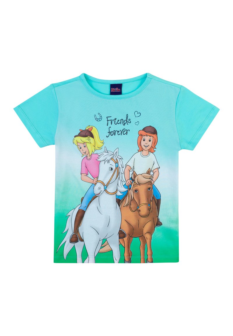 T-shirt turchese a maniche corte con stampa grafica di due cavalieri su cavalli e la scritta "Amici per sempre." Materiale in cotone morbido.