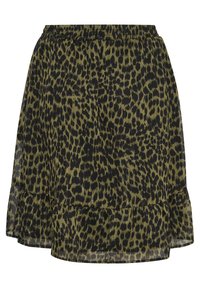 Jupe courte vert olive avec imprimé léopard noir, taille élastique et ourlet à volants.