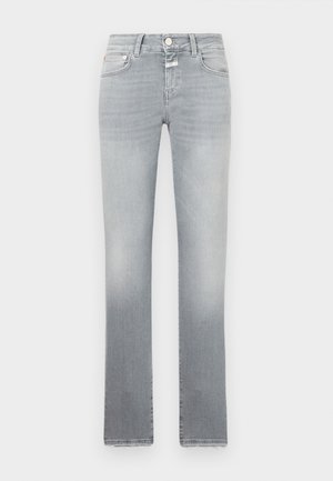 Jeans de ganga cinza de corte slim com cintura média, desbotamento subtil e design clássico de cinco bolsos com fecho de botão metálico.