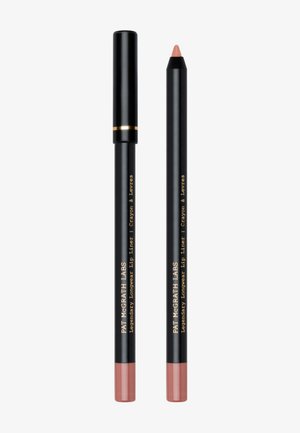 Black lip liner with a pencil design, featuring a retractable tip and a nude-pink color. Gold text details along the barrel.