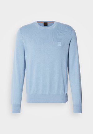 Maglione azzurro chiaro realizzato in un materiale morbido, con collo a girocollo, polsini a coste e una piccola etichetta/logo sul petto.