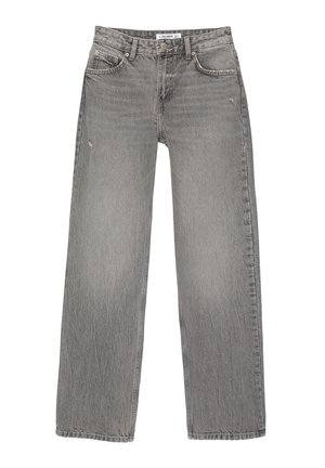 Grijze denim jeans met een losse pasvorm, rechte pijpen, vijf-pocket ontwerp en lichte beschadigingen aan de voorkant. Klassieke knoopsluiting in de taille.