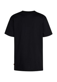 Zwarte katoenen T-shirt met korte mouwen. Heeft een ronde hals en een rechte zoom. Minimalistisch ontwerp, geen zichtbare logo's of patronen.
