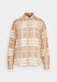 Beige ternet skjorte med knapper og krave, prydet med cremefarvede striber og en semi-gennemsigtig tekstur. Lange ærmer med knaplukning ved håndleddene.