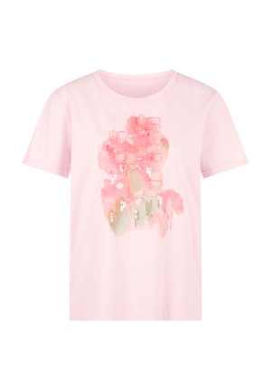 Light pink short-sleeve t-shirt with abstract pink and green watercolor design and sequined geometric shapes on the front.