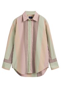 Chemise à rayures dans des teintes de vert, rose et marron ; dotée d'un col, de manches longues et d'un ourlet courbé avec des largeurs de rayures variables.