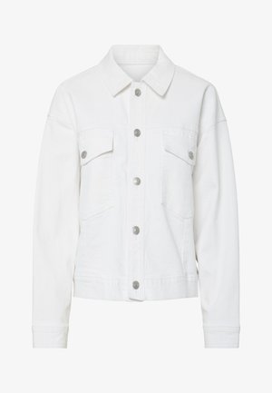 Veste en denim blanche avec fermeture à boutons sur le devant et deux poches poitrine à rabat, manches longues et col classique.