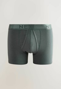 Pánske boxerky v tmavozelenom materiáli s hladkou textúrou, podporujúcou prednou kapsou a elastickým pásom s logom "NEXT".