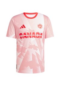 Punainen ja valkoinen lyhythihainen paita, jossa on suurilla punaisilla kirjaimilla "KANADA", pistekuvio ja Adidas-logo vasemmassa olkapäässä.