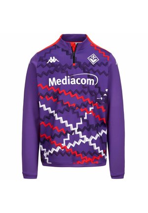 Paarse pullover met een half-rits ontwerp. Bevat zigzagpatronen in rood, wit en donkerpaars. Logo en tekst "Mediacom" op de voorkant.