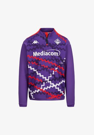 Paarse pullover met een half-rits ontwerp. Bevat zigzagpatronen in rood, wit en donkerpaars. Logo en tekst "Mediacom" op de voorkant.