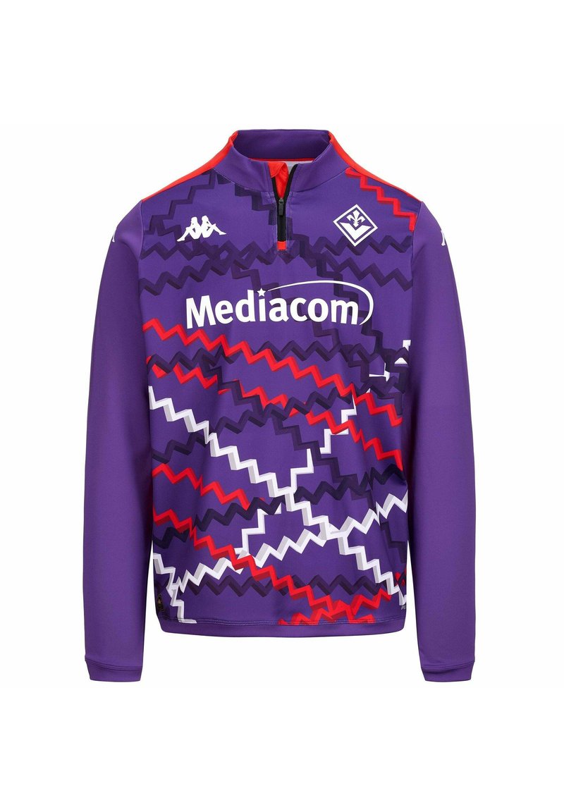 Paarse pullover met een half-rits ontwerp. Bevat zigzagpatronen in rood, wit en donkerpaars. Logo en tekst "Mediacom" op de voorkant.